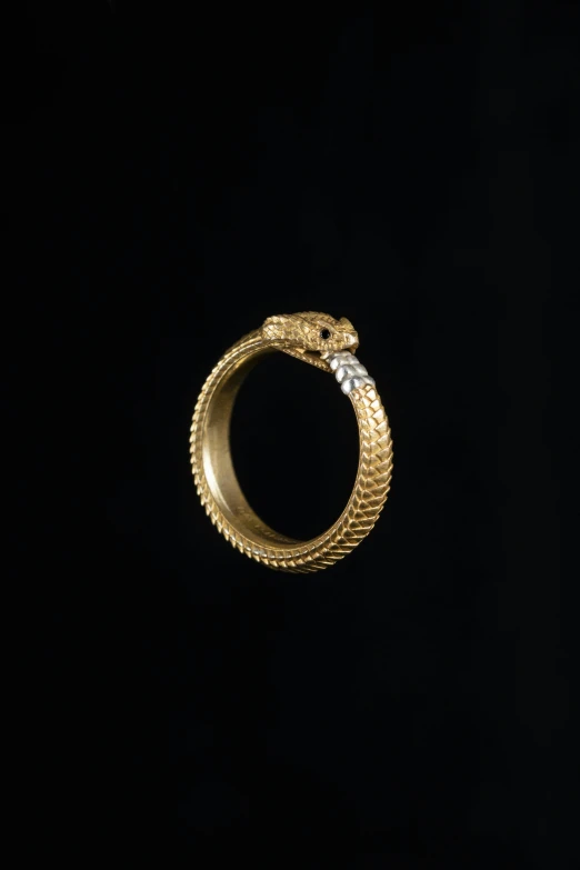 this is an ornate gold ring with a snake on top