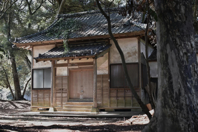 a small white building sitting among trees in the woods