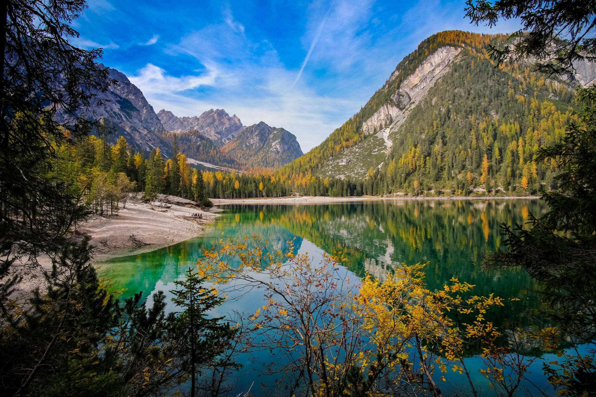 a river in the mountains with some trees around it