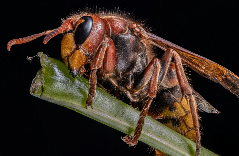 a fly sitting on a plant leaf looking at the camera