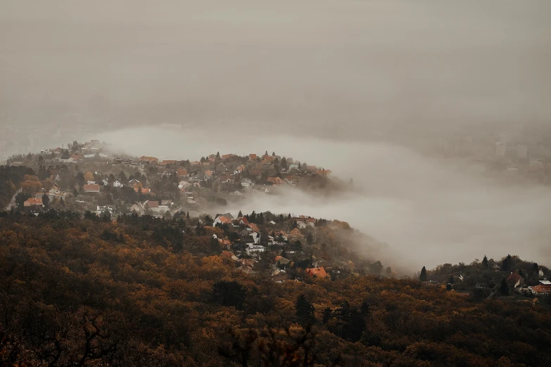 fog and low lying clouds in the valley on a hillside