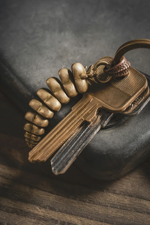 a gold key sits on top of a black bag