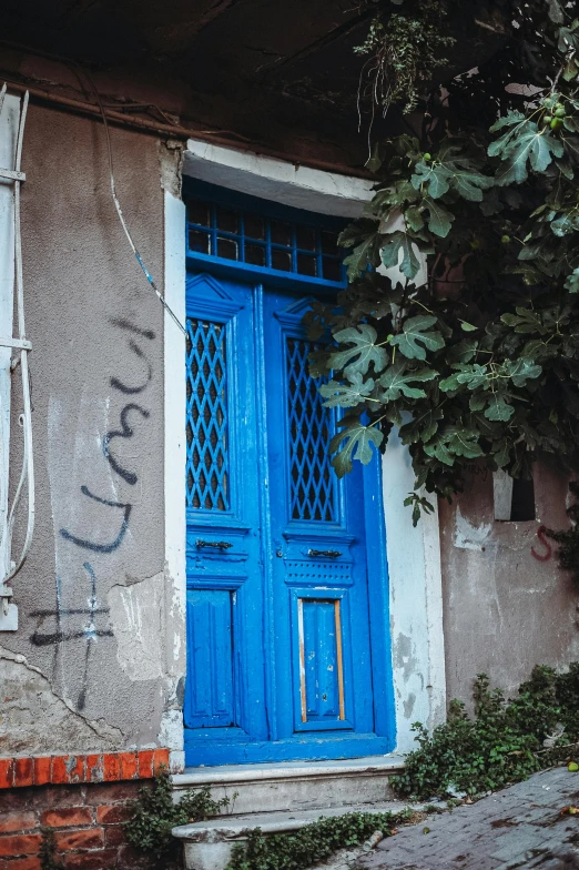blue door with windows, graffiti written on it