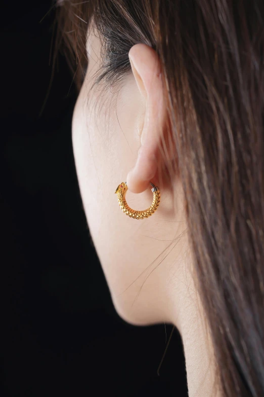 a woman's ear is shown with a gold - tone hoop