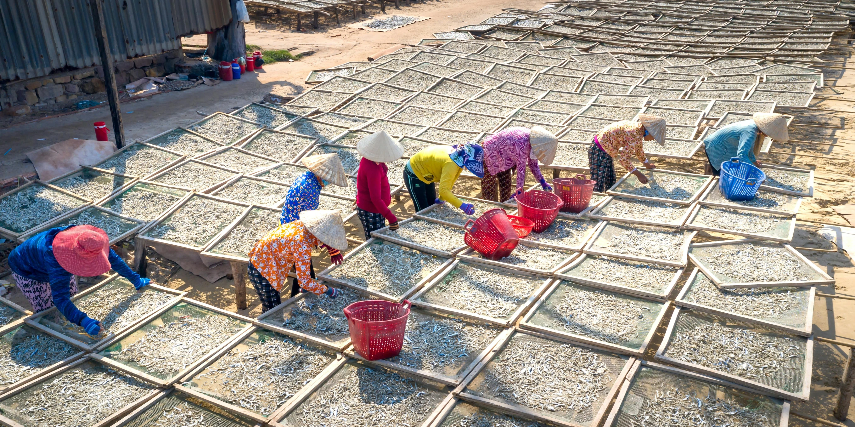 a small group of people standing in front of tents