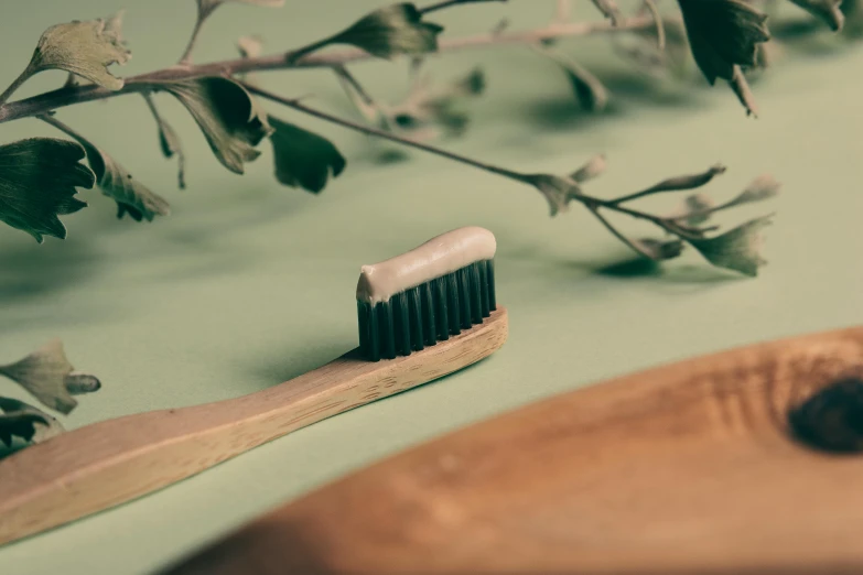 a toothbrush sits on top of a wooden object