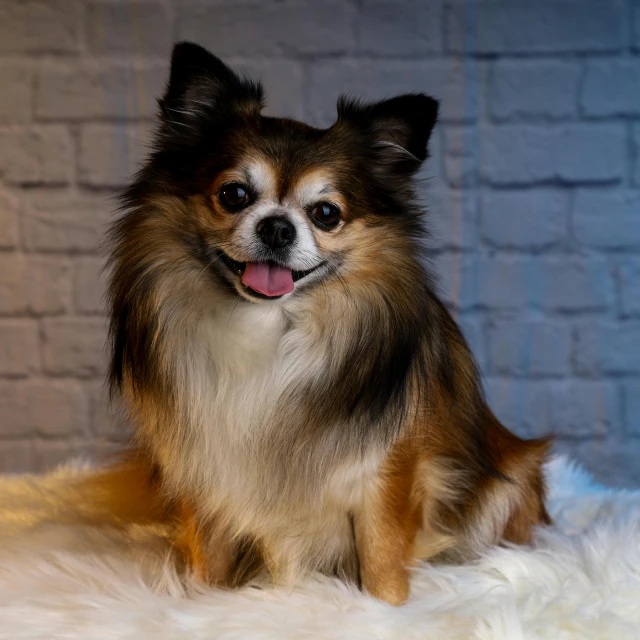 a dog with long hair and a brown face sitting on a white furry blanket