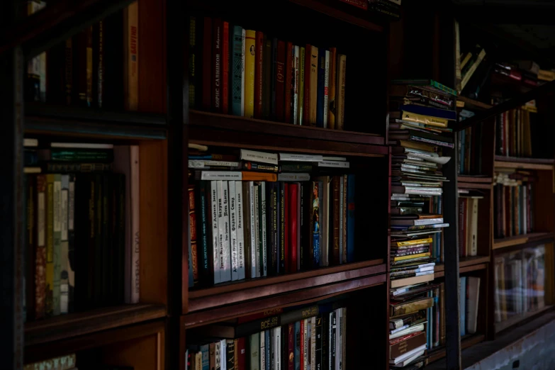 bookshelf with assorted books on each shelf