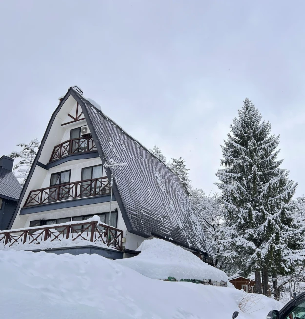 the snow covered house is in front of a tall pine tree