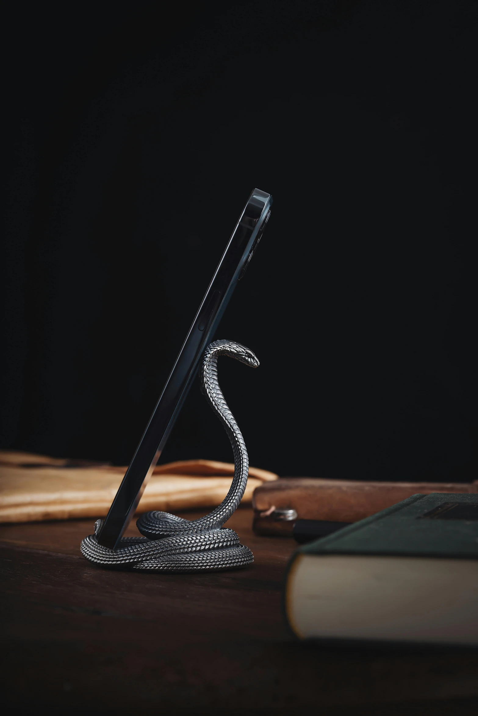 a snake - like object sitting on a table next to books and a pen