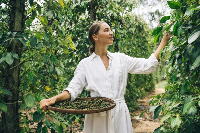 a woman carrying a basket of fruit in her hand