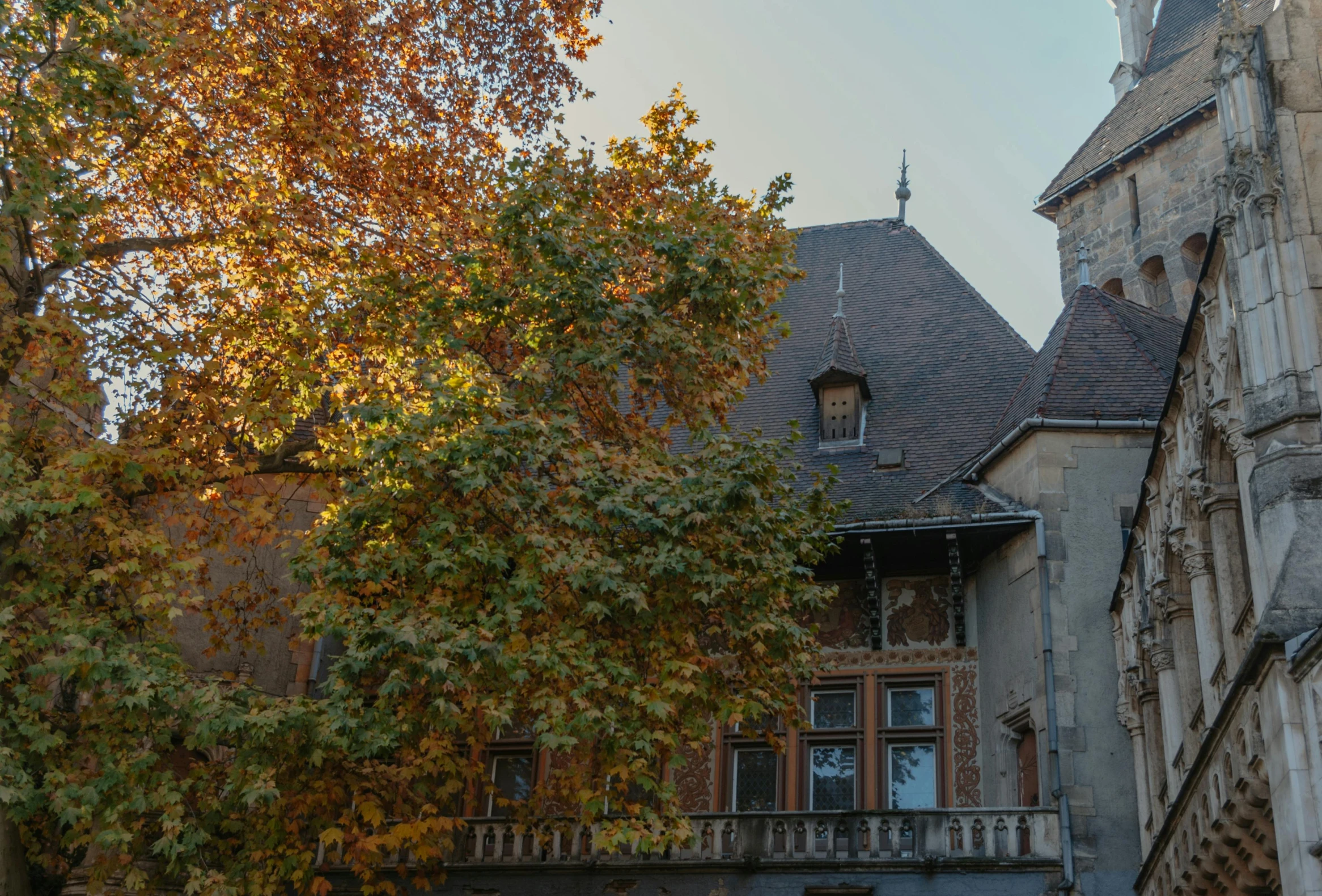 an old building and trees in fall