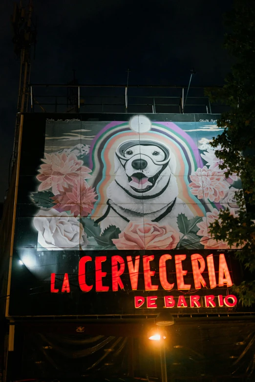 a lighted dog is displayed on a building