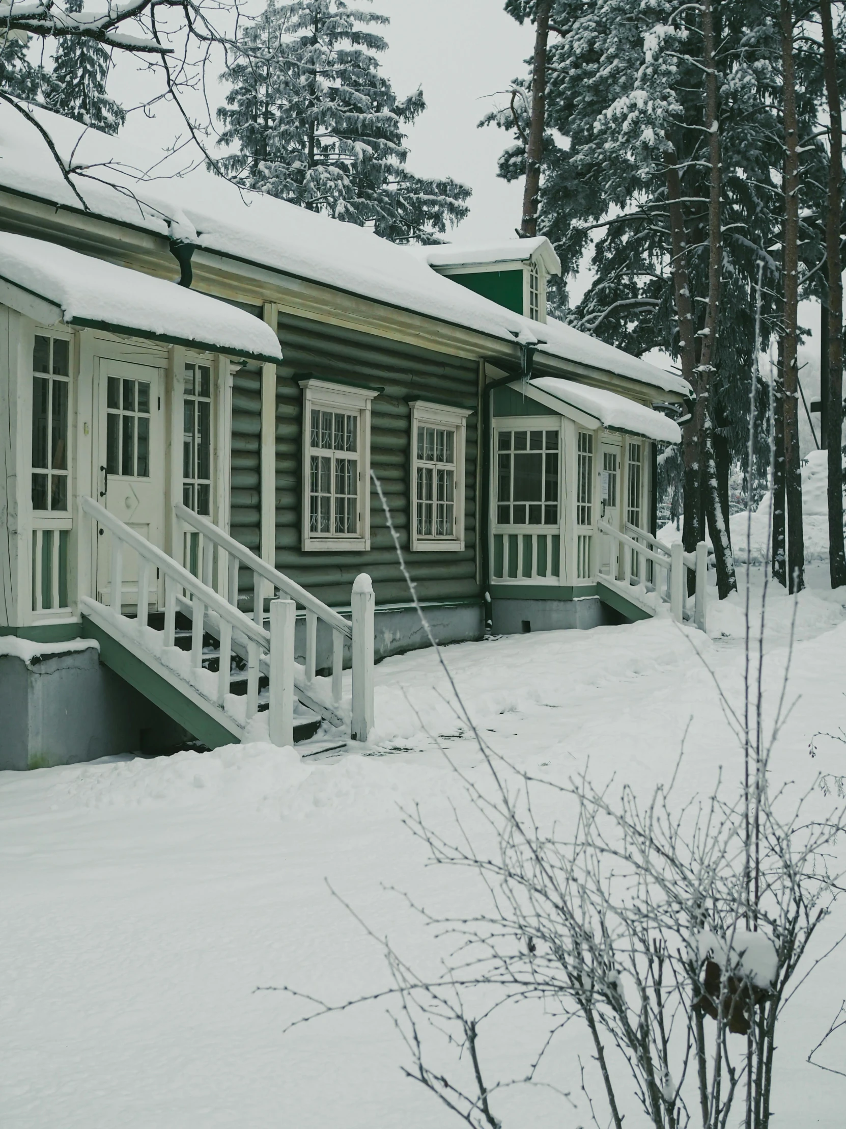 a home is covered in snow by the trees