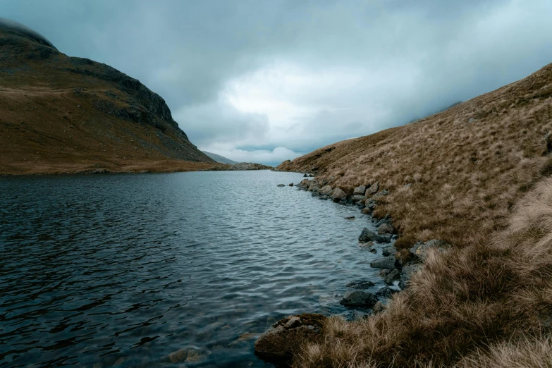 some water in a large open field next to a mountain