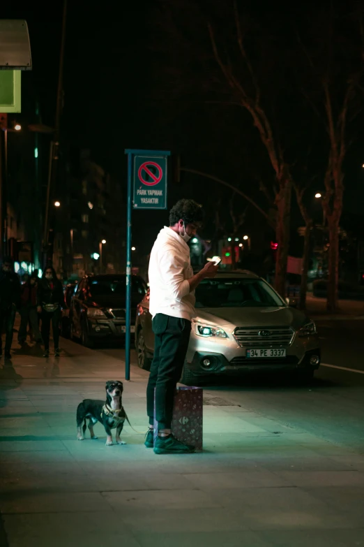a man is standing on a street corner with his dog, while looking at his cell phone