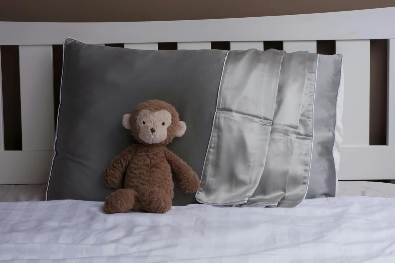 there is a stuffed monkey on the edge of the pillow