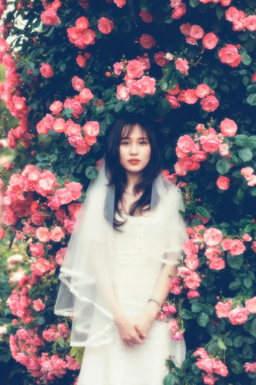 a woman wearing a white veil standing in front of some pink flowers