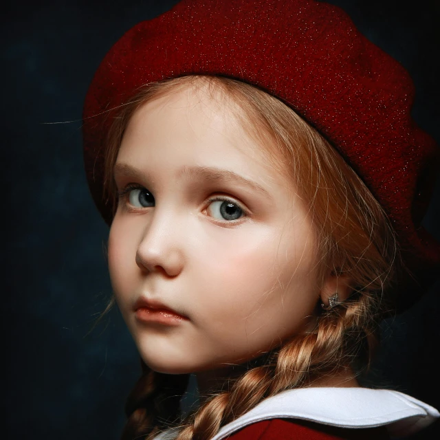a small child with blue eyes wearing a red hat