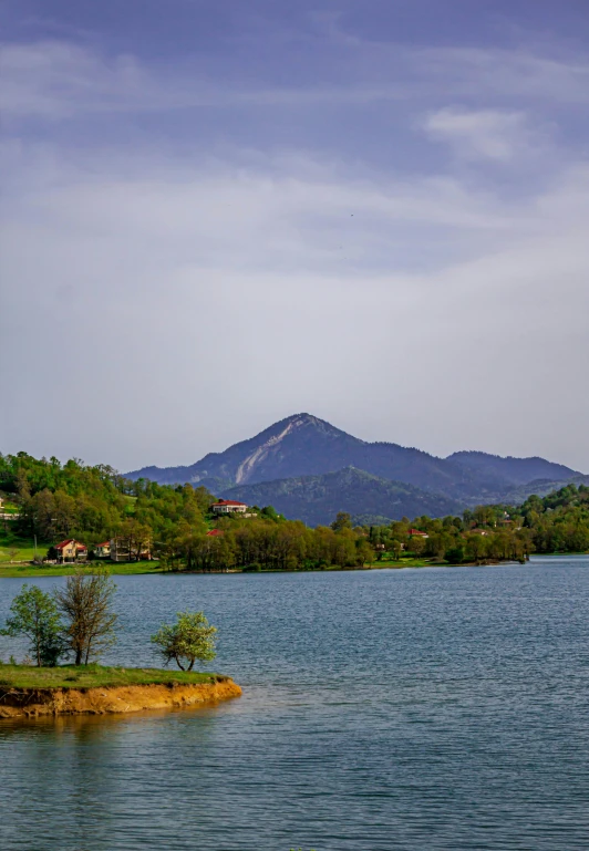 a lake with a small island in it