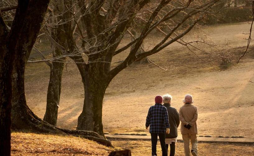 a couple of people walking down a street next to some trees