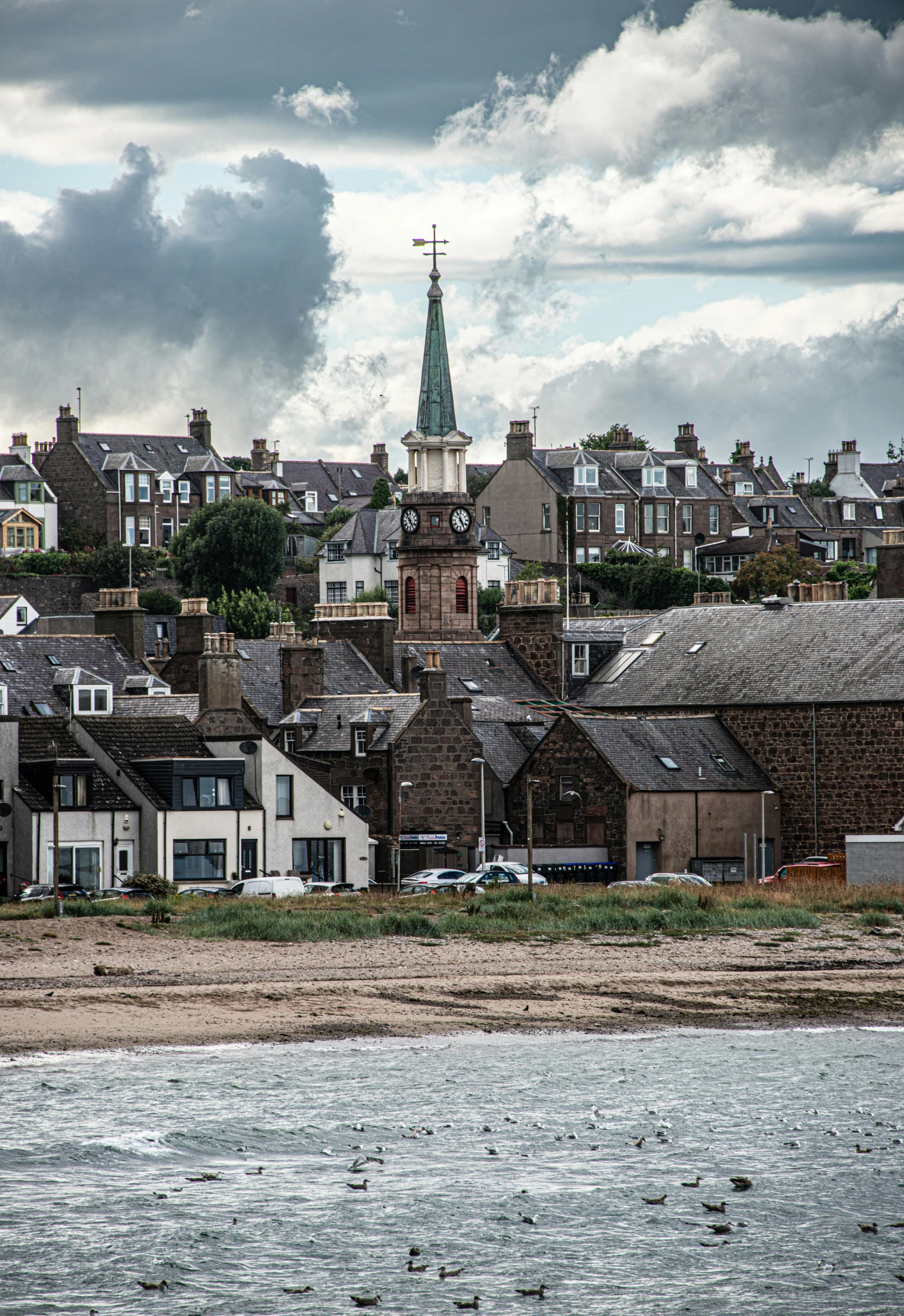 view of a city across the water from a beach