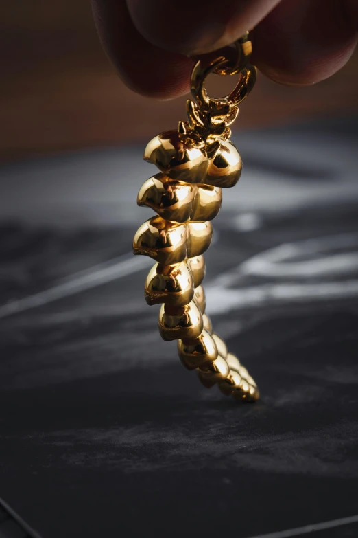a gold colored chain with several gold objects hanging from it