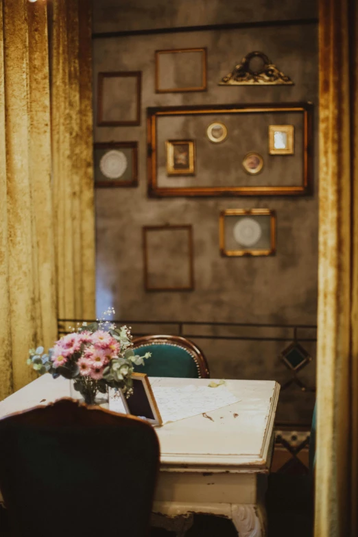 an empty dining room with a table in front of the door