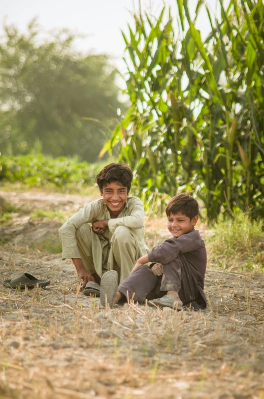two boys in front of corn stalks sit smiling