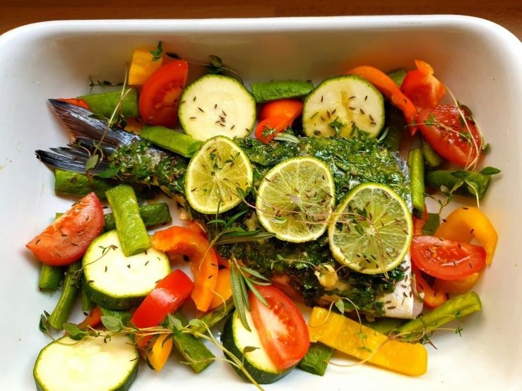 a white platter topped with sliced vegetables and veggies