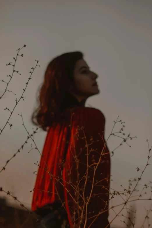 the girl stands near the tree looking at the sky