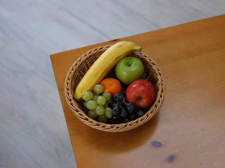 a basket filled with fruit sits on a table