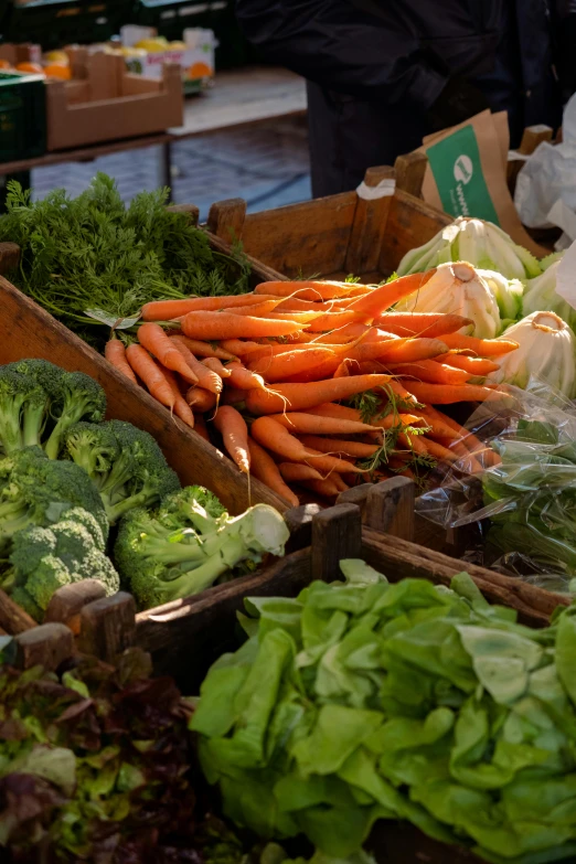 an assortment of vegetables and fruits in wooden boxes