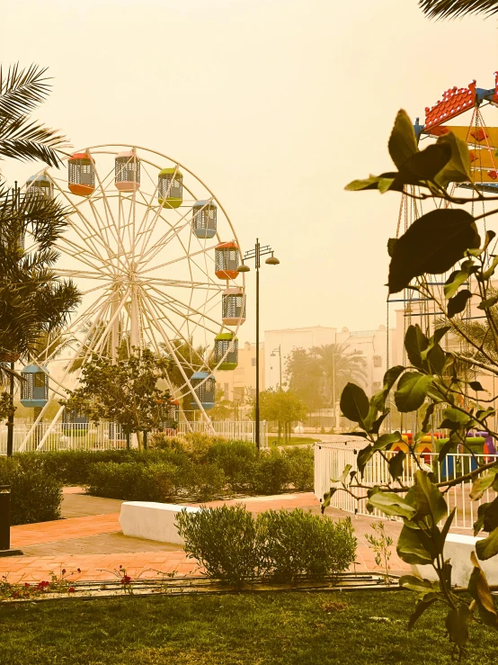 an outdoor park has an amut ferris wheel