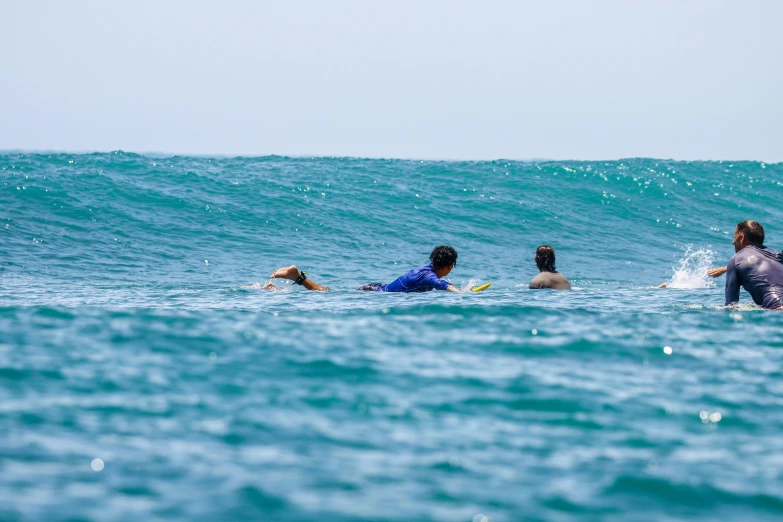 five people swimming on their surfboards in the ocean