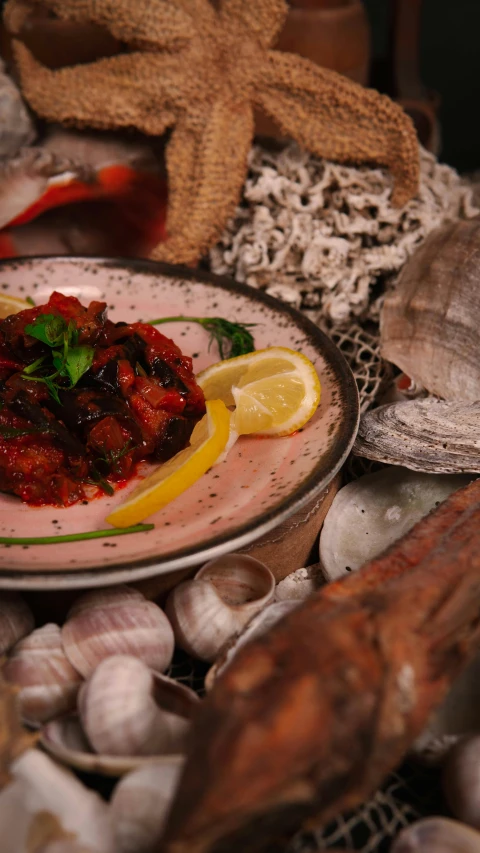 a plate with food on top of some shells