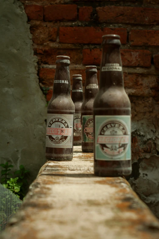 four beer bottles lined up near a brick wall