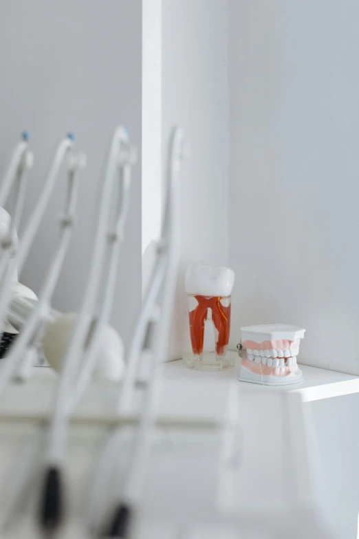 a couple of toothbrushes sit on a shelf