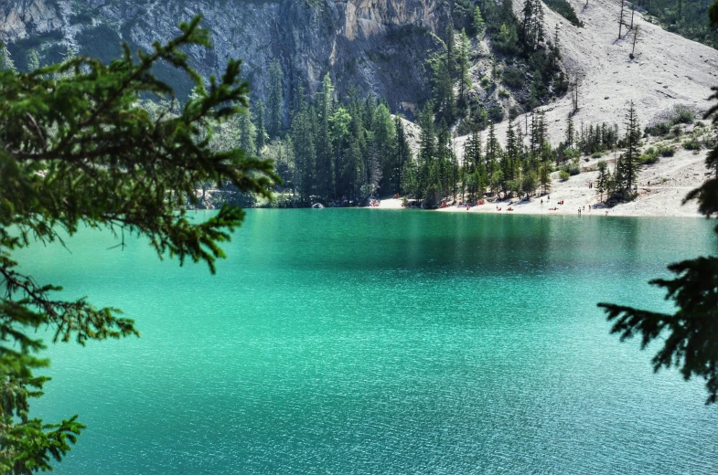 the clear blue waters of lake surrounded by trees