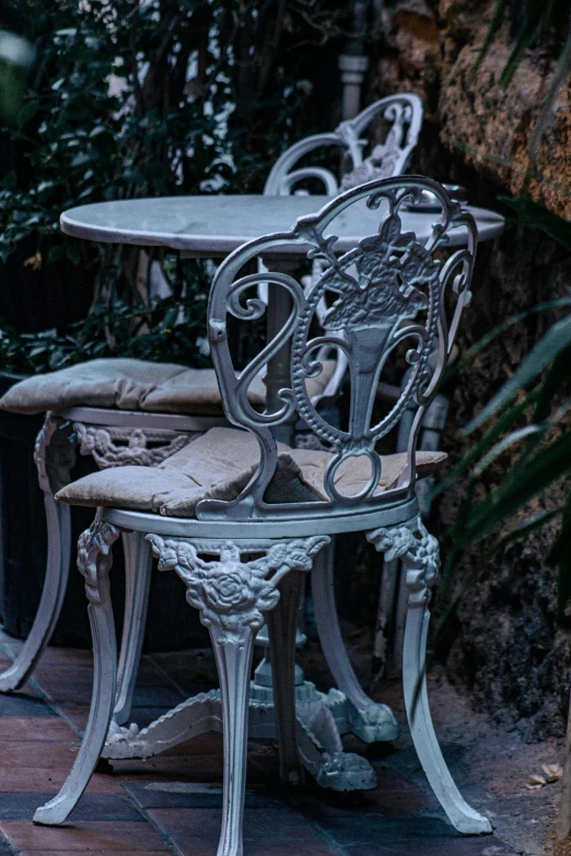 a bench and table are set up outdoors