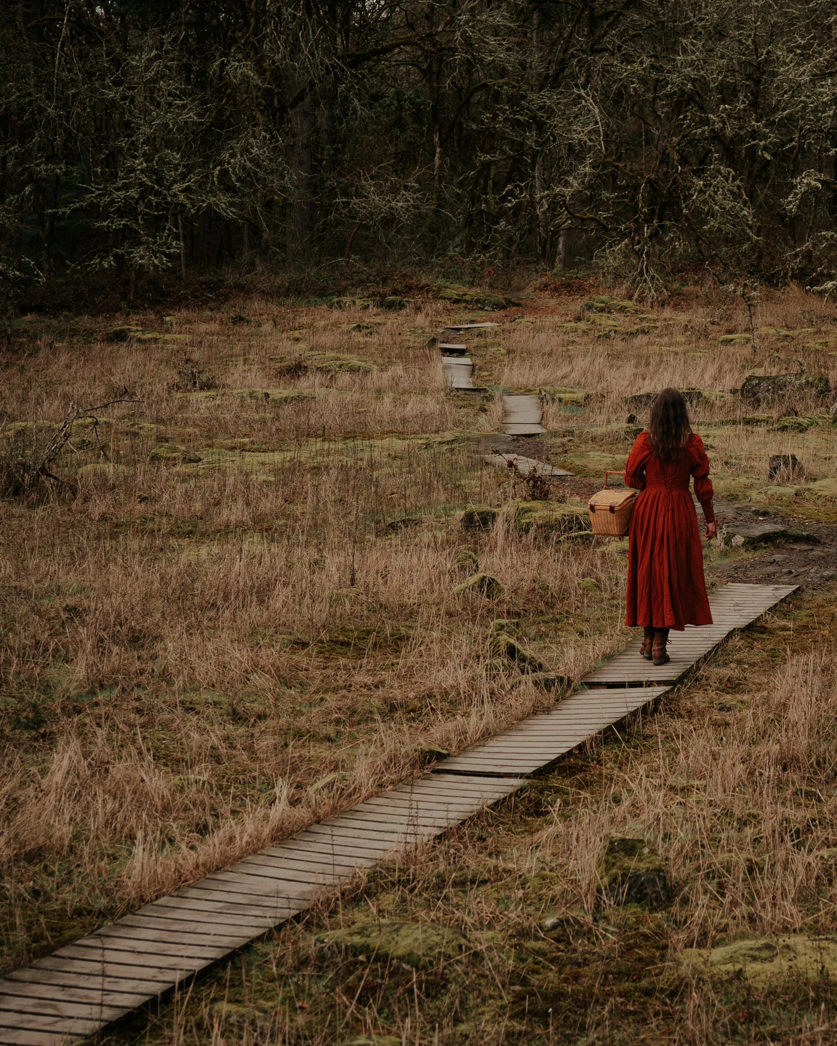 a woman wearing a red dress walks up a path