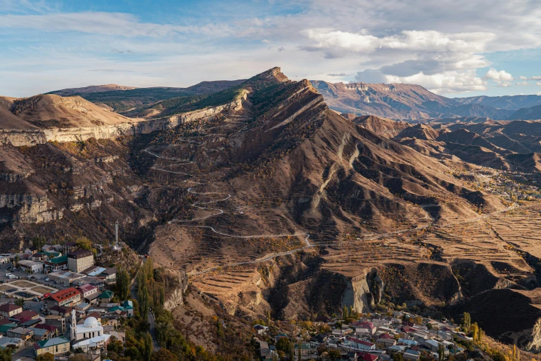 the view of mountains, buildings and a river from above