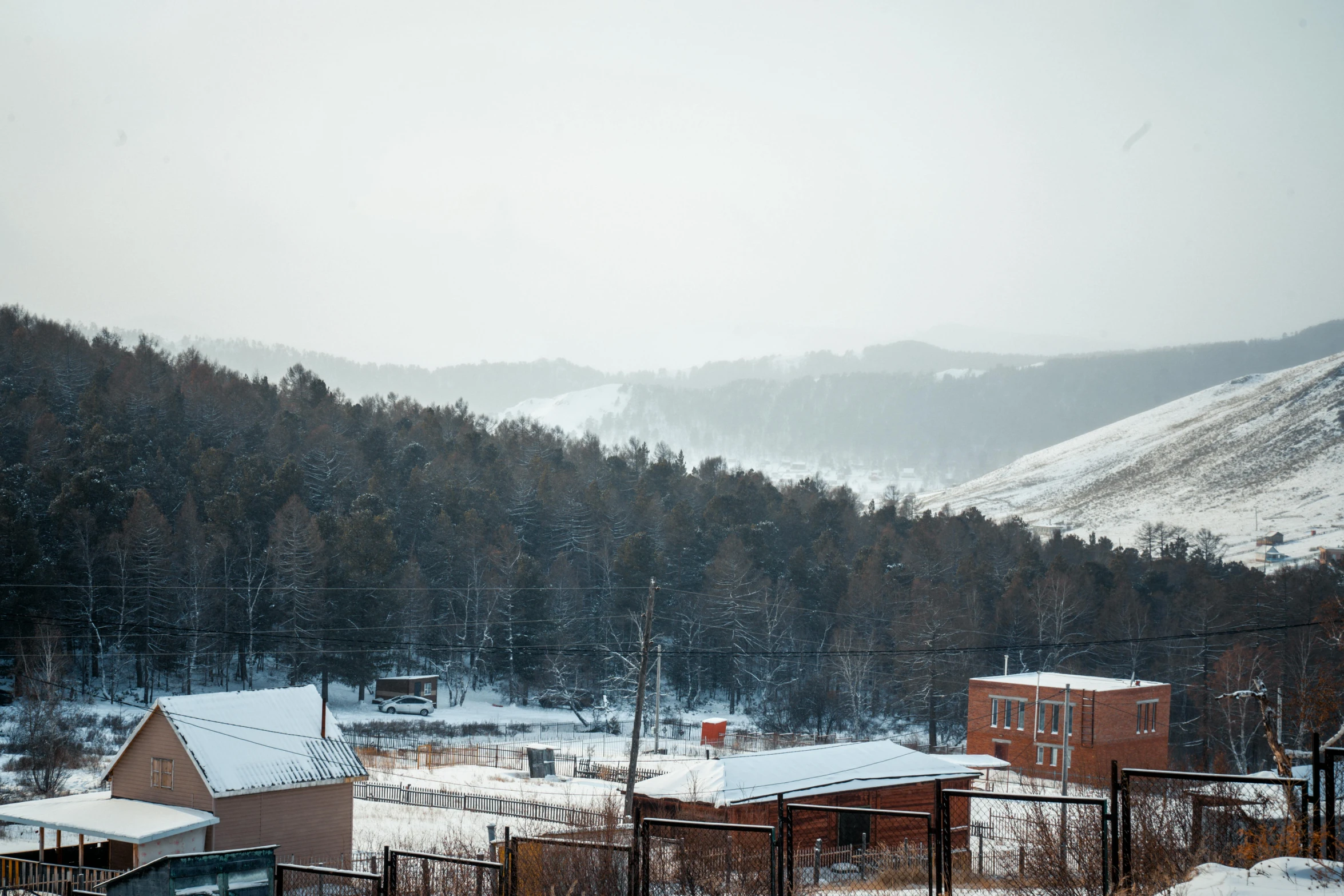 some trees a snow mountain some buildings and a red building