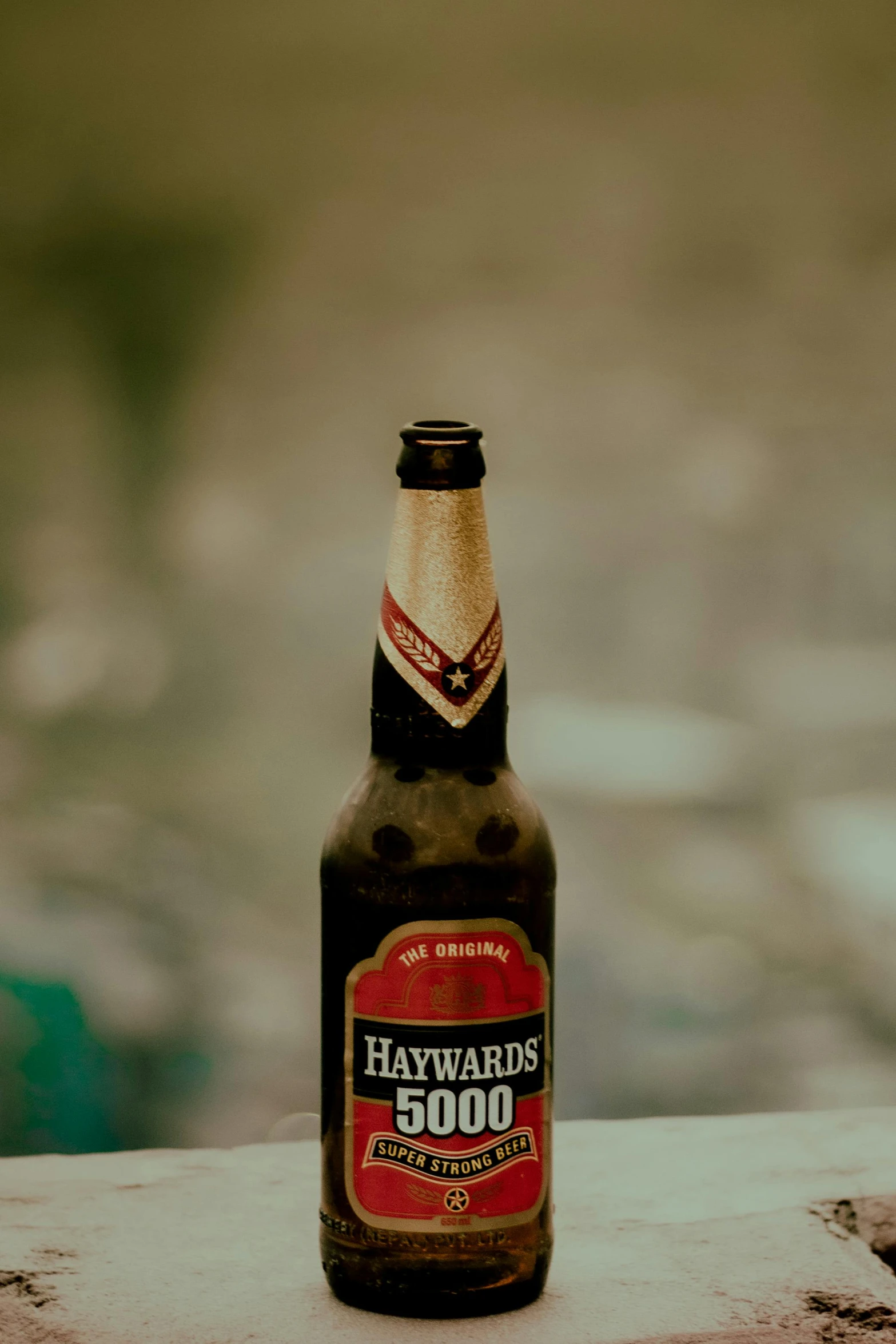 a beer bottle sitting on a ledge near water