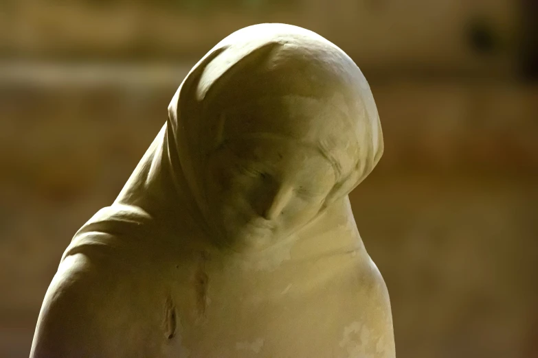 a statue is shown with its hood partially obscured by a shadow