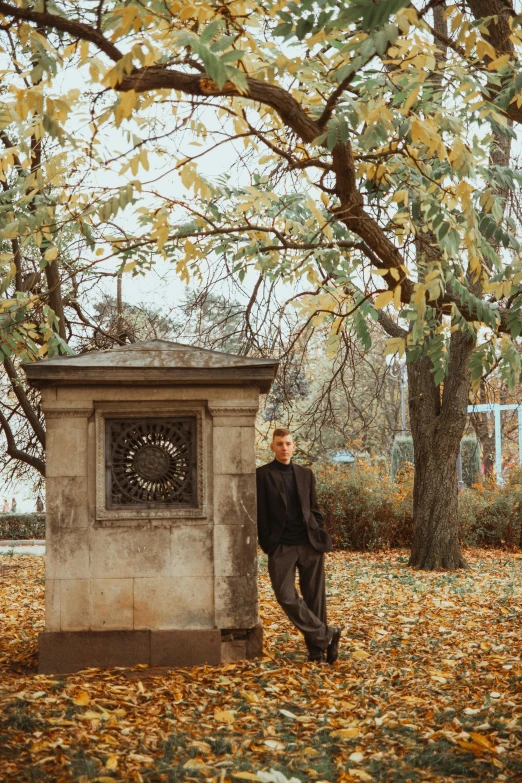 man in suit and tie standing by tree on leaf covered ground