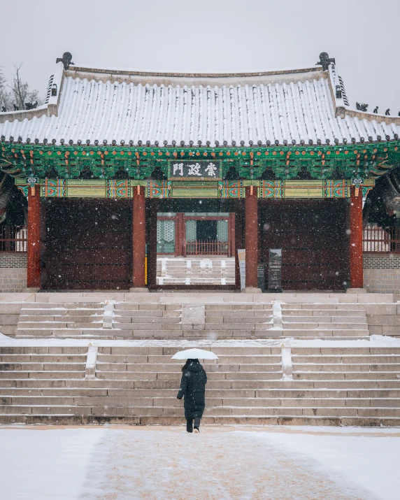 a person in black coat holding an umbrella next to stairs