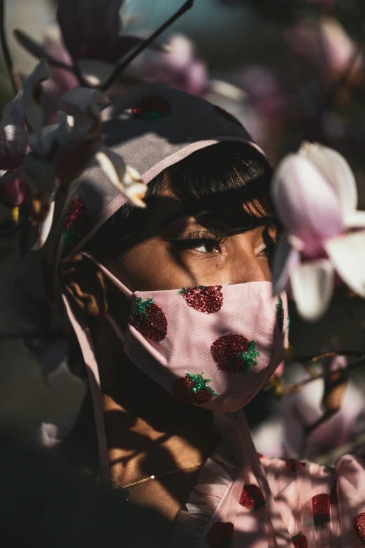 a person wearing a pink bandana with red roses on it