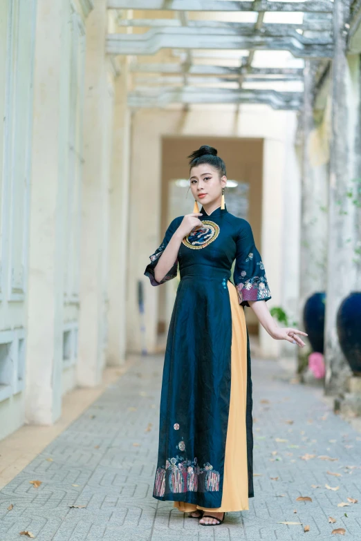 an oriental woman wearing a blue and yellow dress