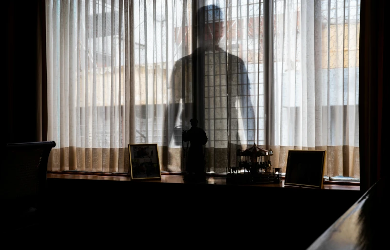 a person standing in a dark room with sheer curtains